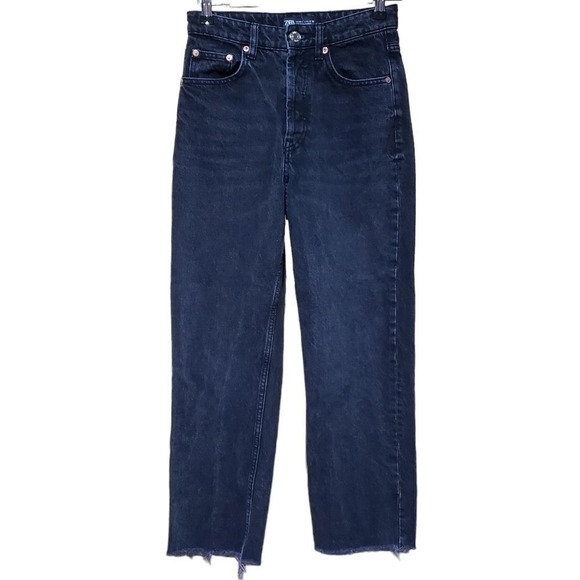Zara Denim - Zara Black Straight Leg Denim Raw Hem 4 Button Fly Grunge Streetwear Casual Edgy